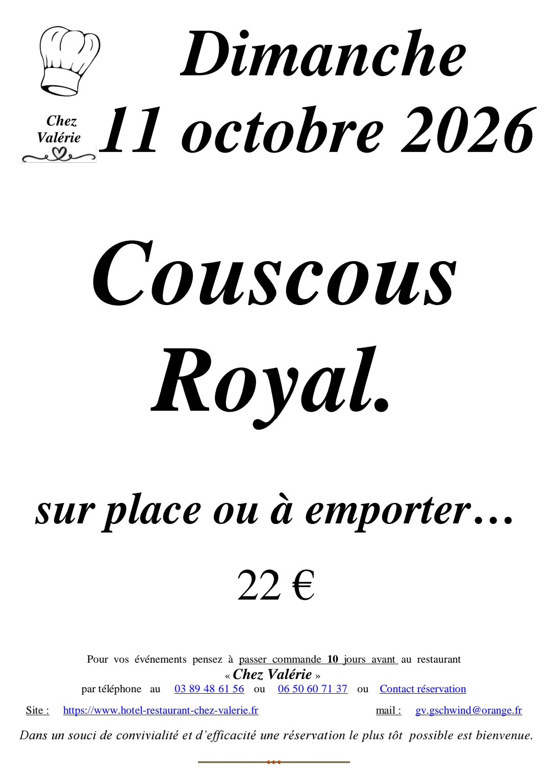 COUSCOUS ROYAL LE DIMANCHE 11 OCTOBRE Colmar
